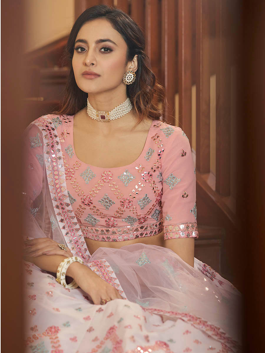Myra Pearl White and Pink Georgette Embroidered Party Wear Lehenga