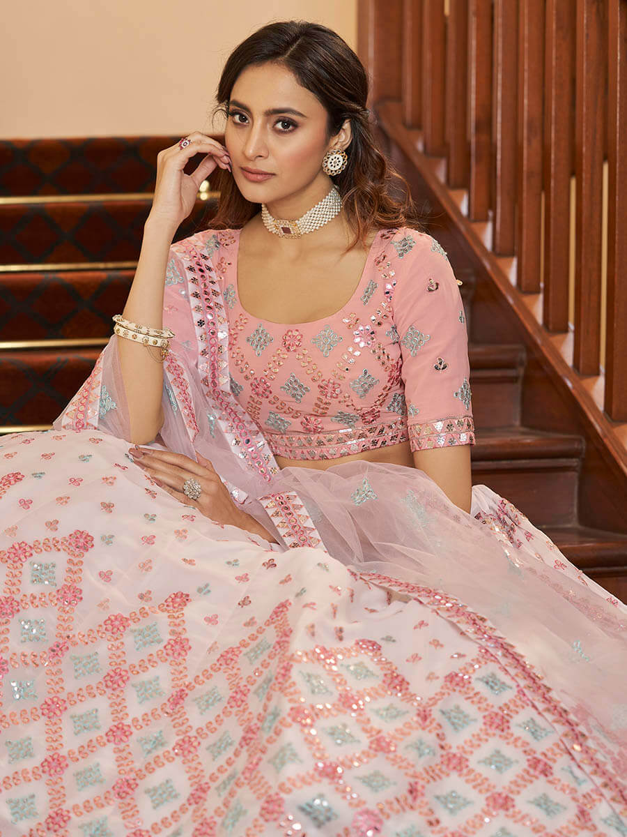 Myra Pearl White and Pink Georgette Embroidered Party Wear Lehenga