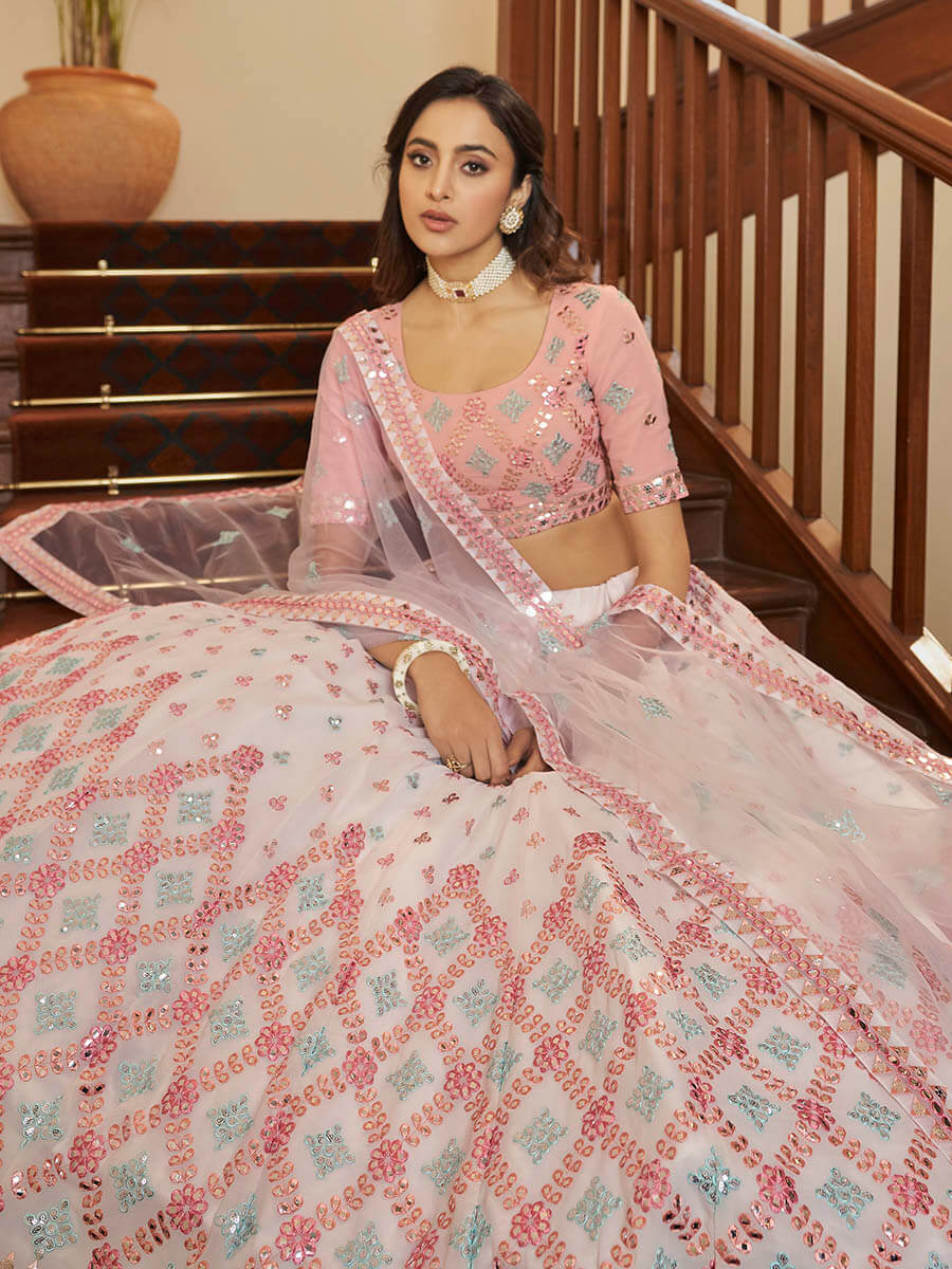 Myra Pearl White and Pink Georgette Embroidered Party Wear Lehenga