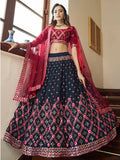 Myra Teal Blue and Maroon Georgette Embroidered Party Wear Lehenga