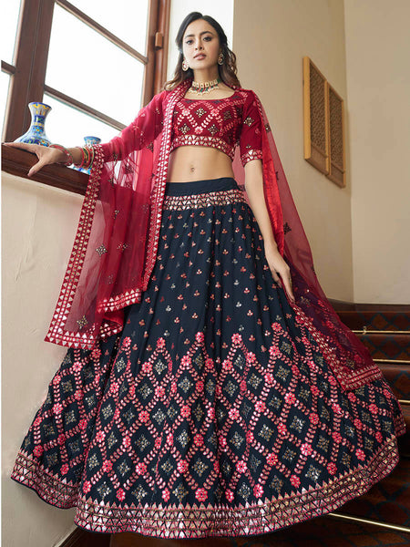 Myra Teal Blue and Maroon Georgette Embroidered Party Wear Lehenga
