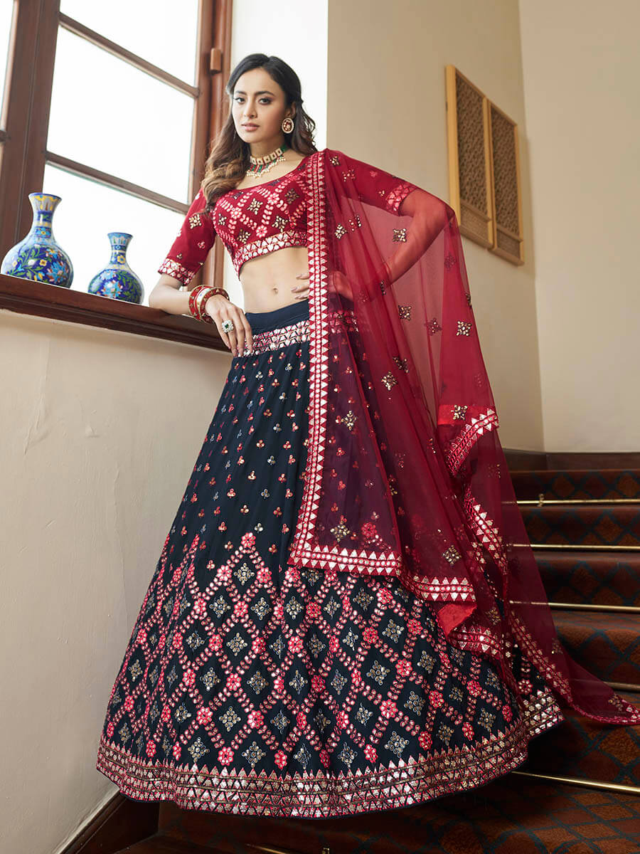 Myra Teal Blue and Maroon Georgette Embroidered Party Wear Lehenga