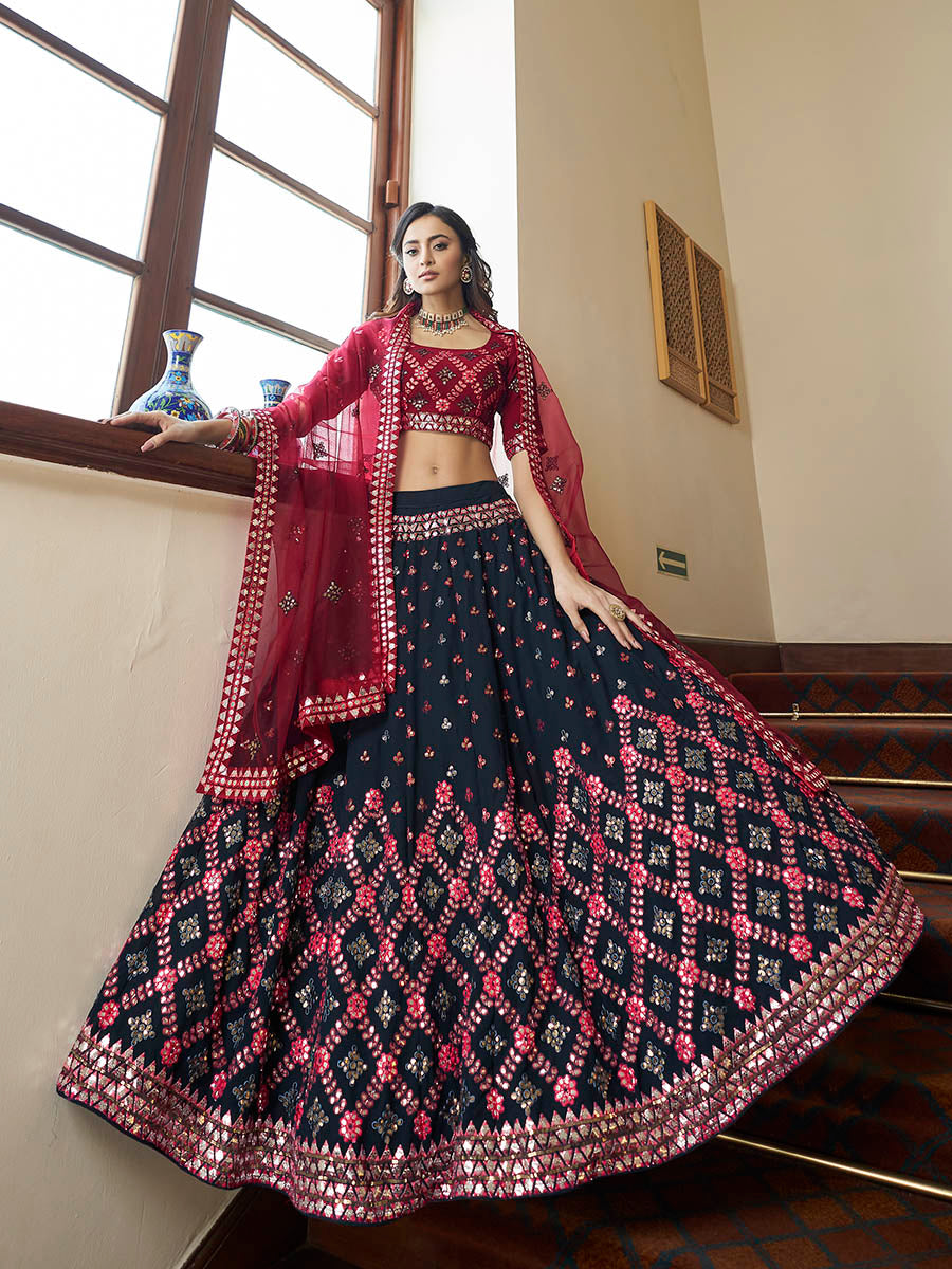 Myra Teal Blue and Maroon Georgette Embroidered Party Wear Lehenga