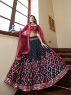 Myra Teal Blue and Maroon Georgette Embroidered Party Wear Lehenga