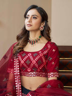 Myra Teal Blue and Maroon Georgette Embroidered Party Wear Lehenga
