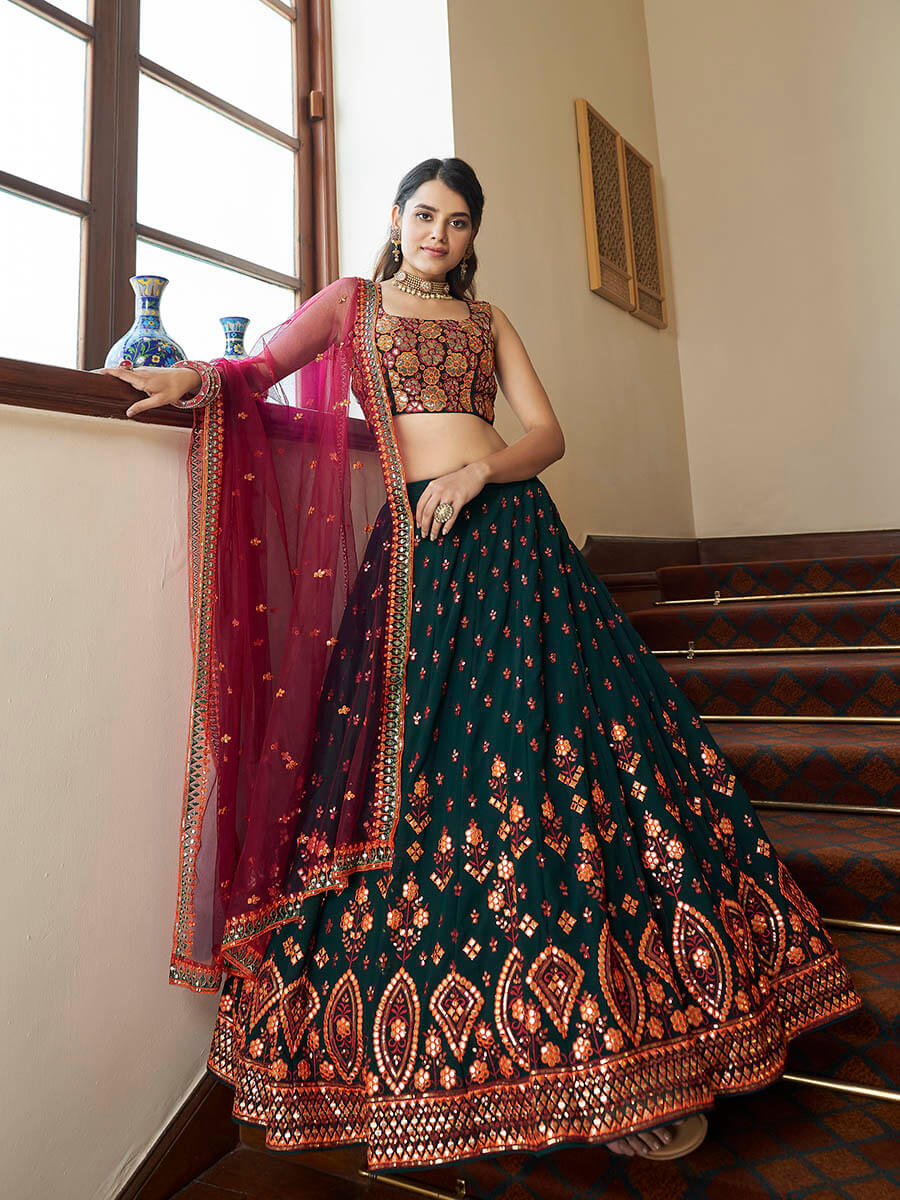 Myra Green and Deep Pink Georgette Embroidered Party Wear Lehenga
