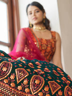 Myra Green and Deep Pink Georgette Embroidered Party Wear Lehenga