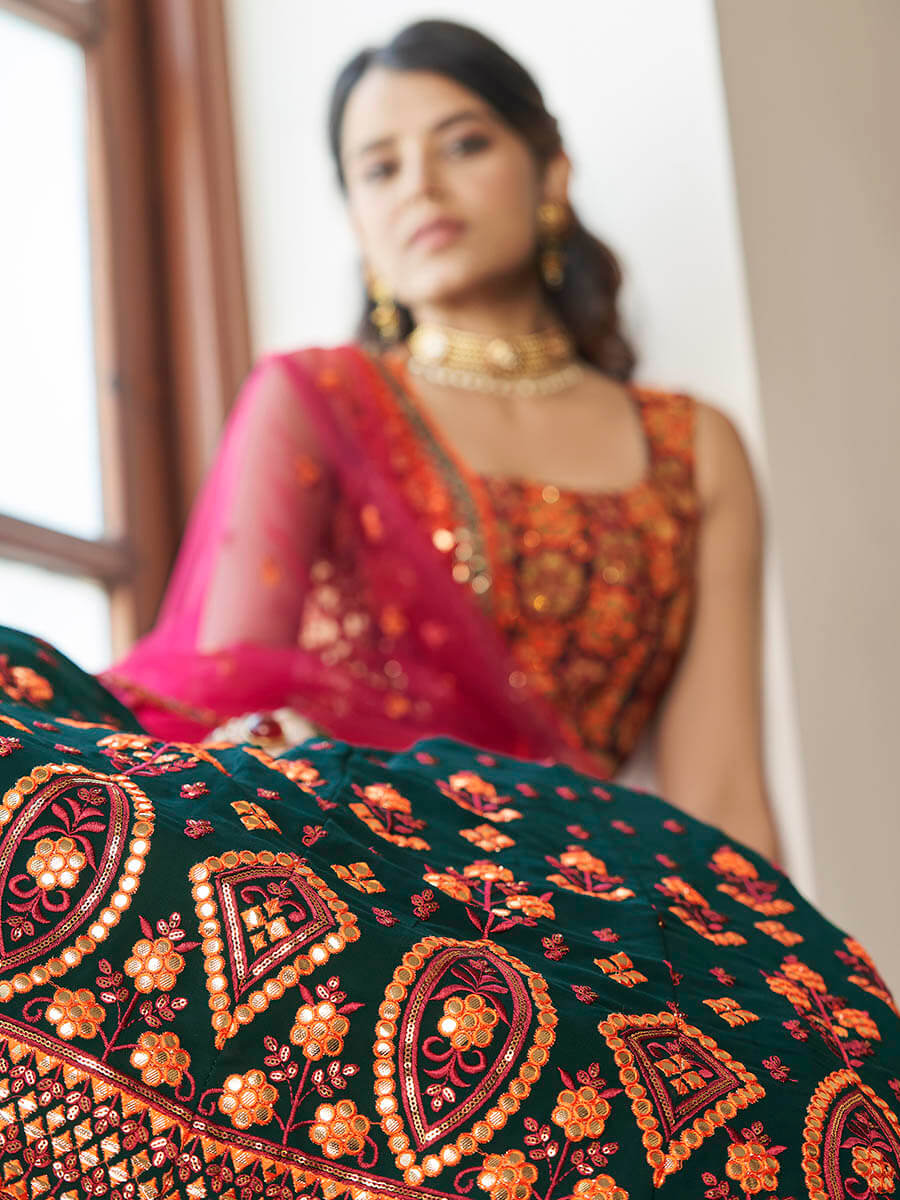 Myra Green and Deep Pink Georgette Embroidered Party Wear Lehenga