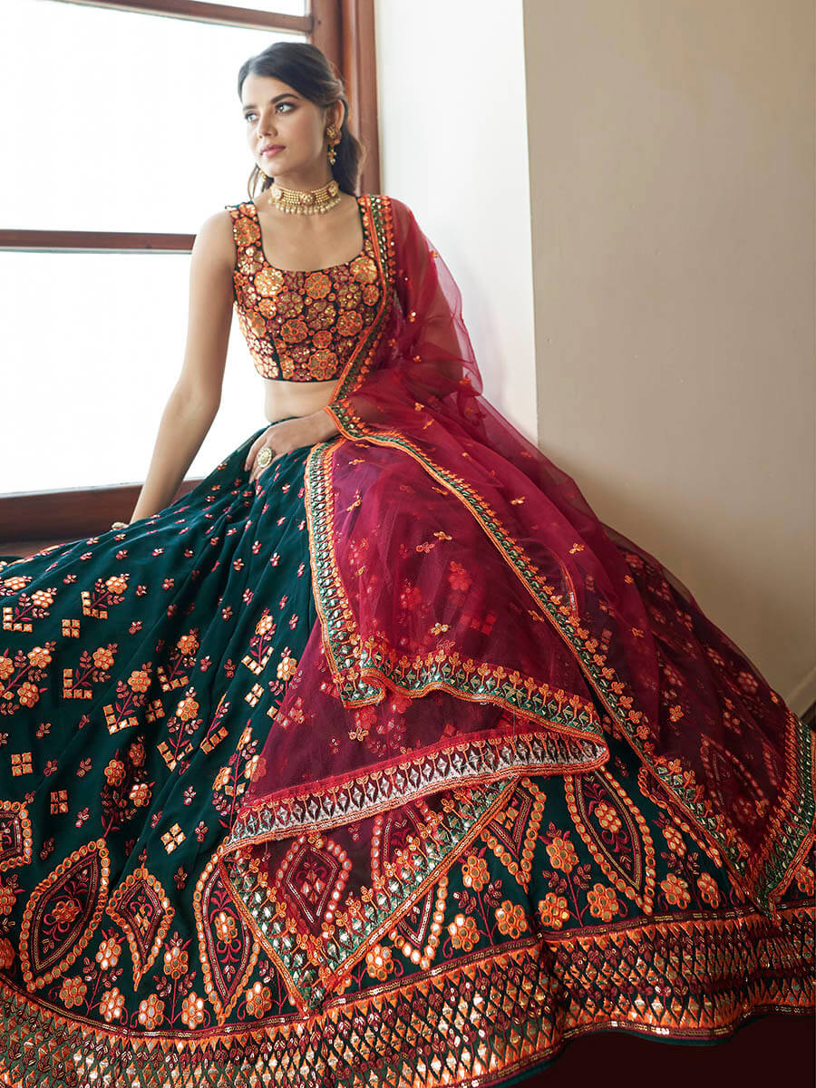 Myra Green and Deep Pink Georgette Embroidered Party Wear Lehenga