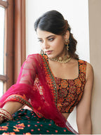 Myra Green and Deep Pink Georgette Embroidered Party Wear Lehenga