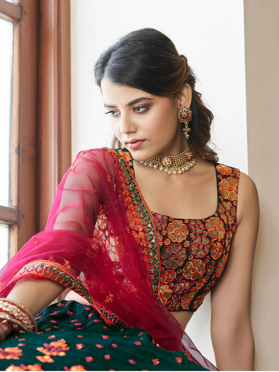 Myra Green and Deep Pink Georgette Embroidered Party Wear Lehenga