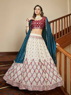 Myra Maroon and Beige Georgette Embroidered Party Wear Lehenga