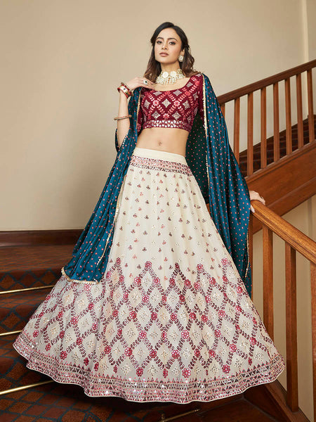 Myra Maroon and Beige Georgette Embroidered Party Wear Lehenga