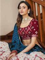 Myra Maroon and Beige Georgette Embroidered Party Wear Lehenga