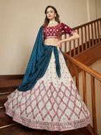 Myra Maroon and Beige Georgette Embroidered Party Wear Lehenga