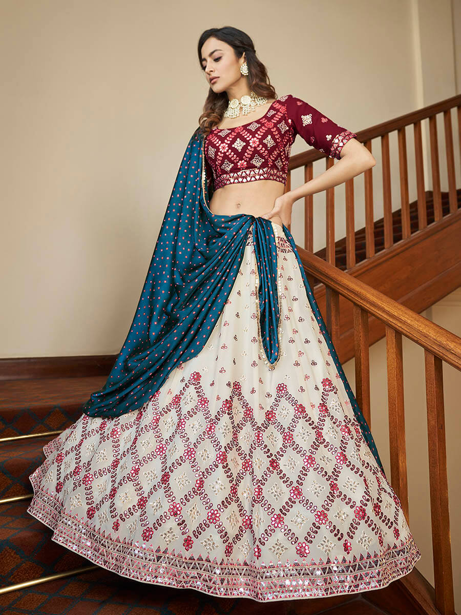 Myra Maroon and Beige Georgette Embroidered Party Wear Lehenga