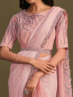 Peach Georgette Crepe Silk Sequence Embroidered Saree With Stitched Blouse - Mohmanthan La Belle