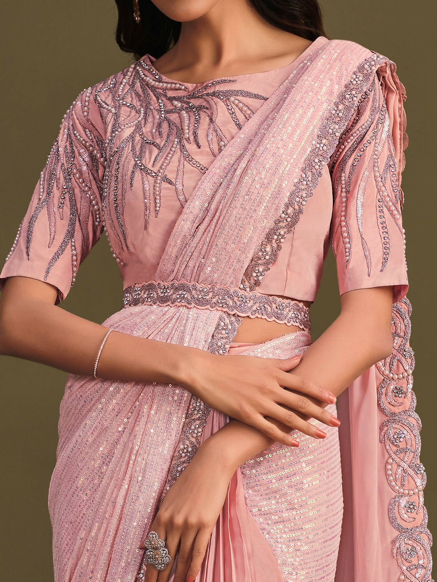 Peach Georgette Crepe Silk Sequence Embroidered Saree With Stitched Blouse - Mohmanthan La Belle