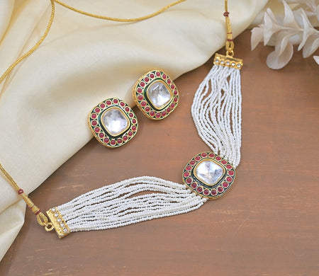 Jewel City Handcrafted Kundan Pearl Necklace Set with Ruby Red Stones - Traditional Indian Wedding Jewelry with Earrings