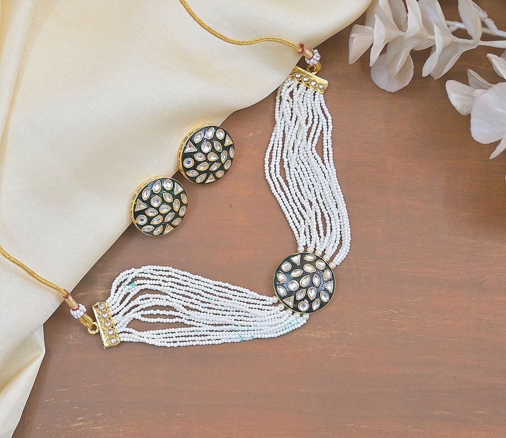 Jewel City Handcrafted Kundan Pearl Necklace Set with Ruby Red Stones - Traditional Indian Wedding Jewelry with Earrings