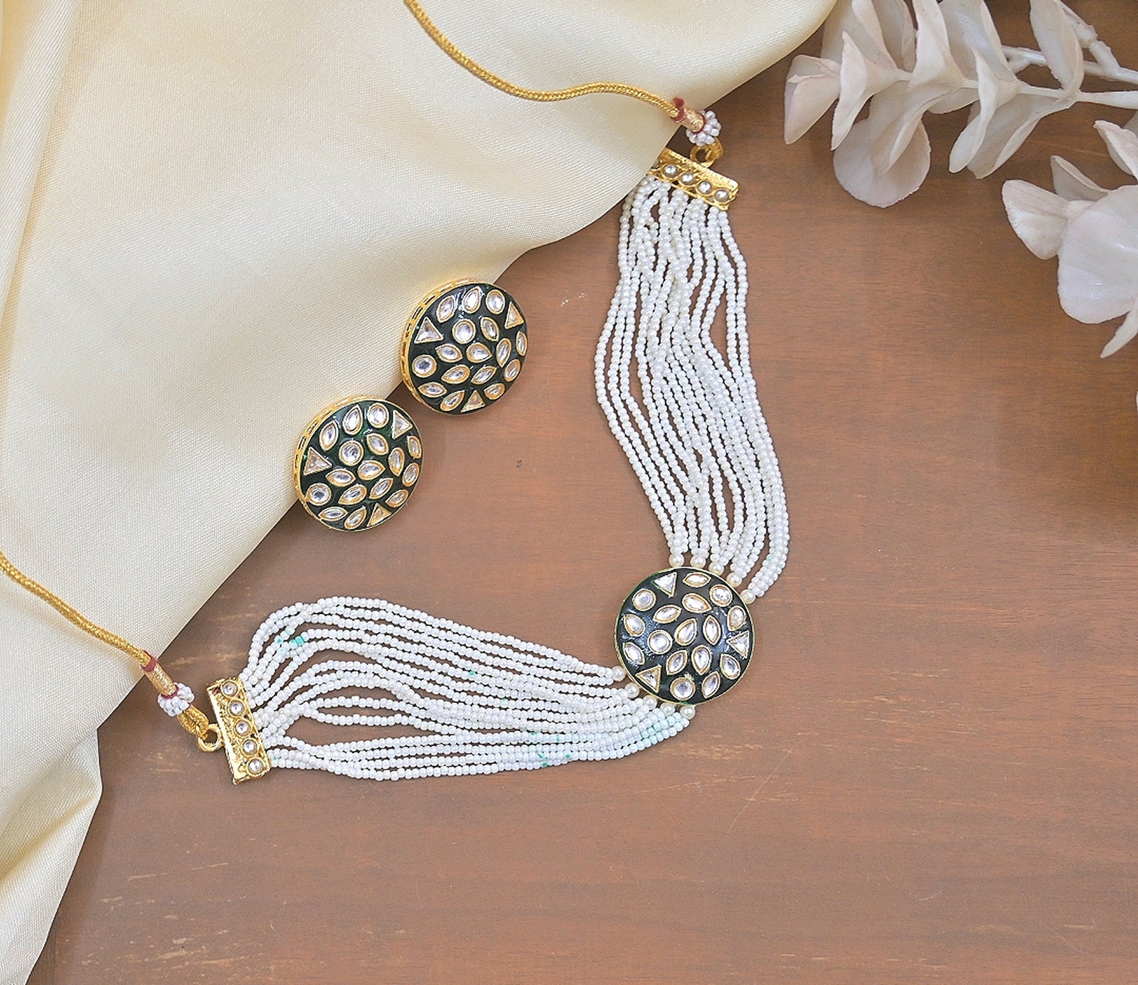 Jewel City Handcrafted Kundan Pearl Necklace Set with Ruby Red Stones - Traditional Indian Wedding Jewelry with Earrings