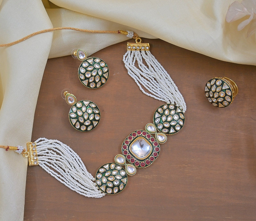 Jewel City Luxury Kundan Pearl Side Necklace Set - Handcrafted Indian Bridal Jewelry with Green Meenakari and Ruby Accents