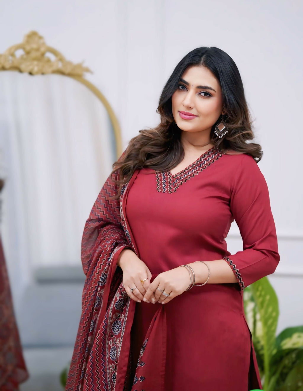The52 Maroon Women's Gorgeous Parampara Fabric Embroidered Work Straight Kurta Pant and Dupatta Set - Distacart