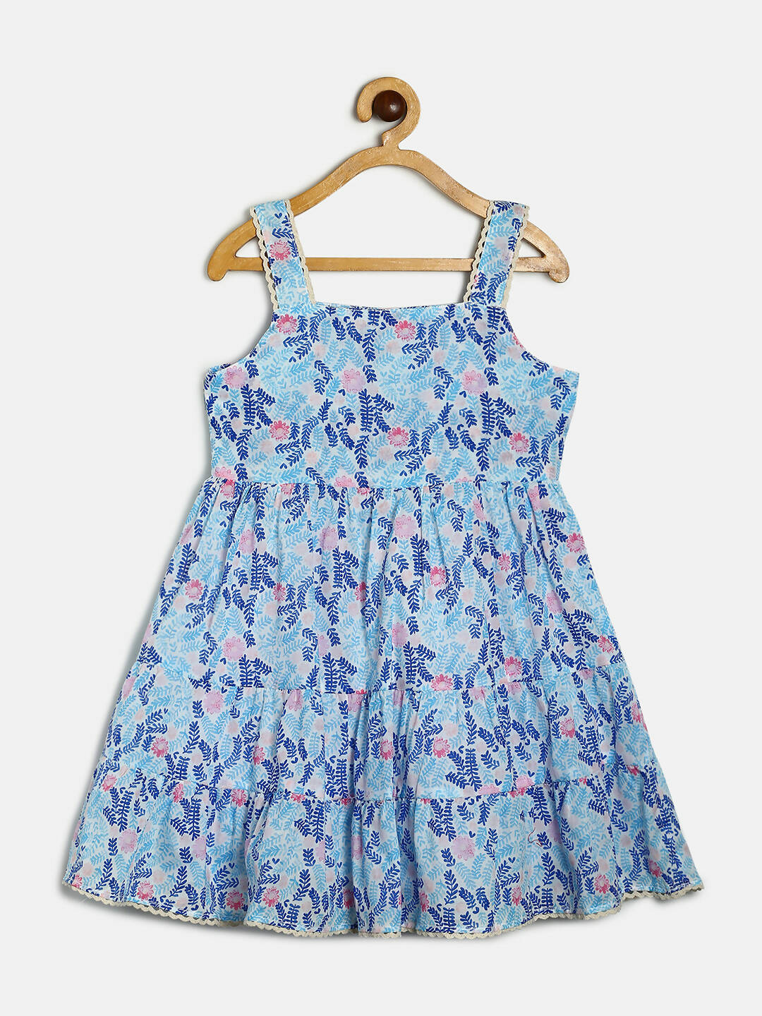 Manet Girls Cotton Layer Frock Leaf Printed - Blue