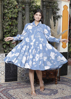 Miravan Women's Sky Blue Flower Printed Pure Cotton Collar Neck Loose Fit Tiered Fit And Flare Dress - Distacart