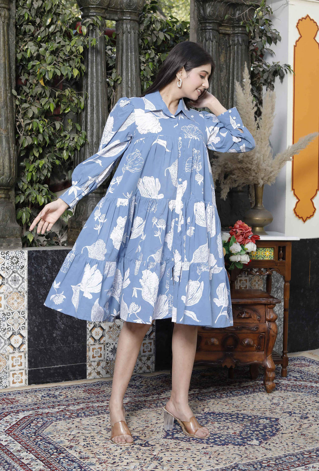 Miravan Women's Sky Blue Flower Printed Pure Cotton Collar Neck Loose Fit Tiered Fit And Flare Dress - Distacart