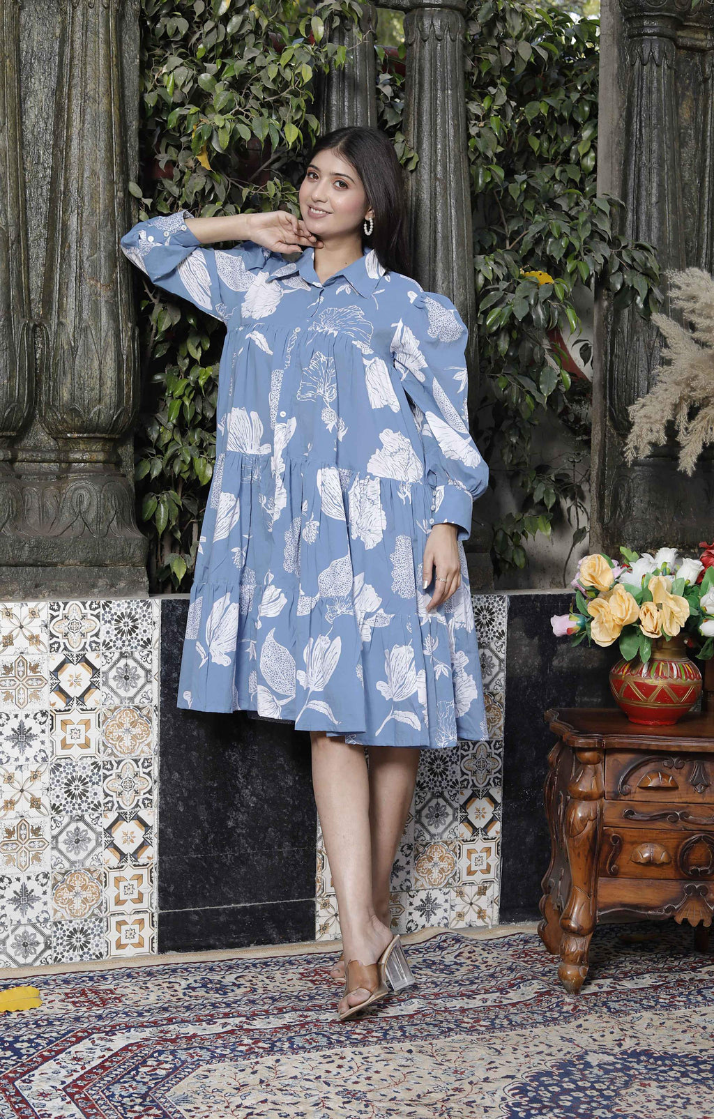 Miravan Women's Sky Blue Flower Printed Pure Cotton Collar Neck Loose Fit Tiered Fit And Flare Dress - Distacart