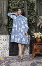 Miravan Women's Sky Blue Flower Printed Pure Cotton Collar Neck Loose Fit Tiered Fit And Flare Dress - Distacart