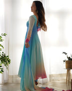 Evanik Sky Blue Pure Soft Georgette Padding Fabric Fully Flair Anarkali Pant With Dupatta Set
