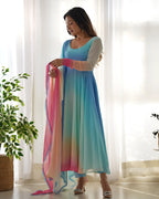 Evanik Sky Blue Pure Soft Georgette Padding Fabric Fully Flair Anarkali Pant With Dupatta Set