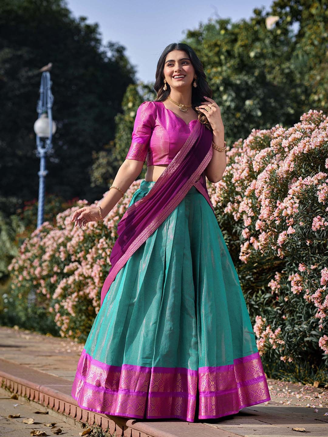 Evanik Women South-Style Kanchipuram Silk Stitched Lehenga With Unstitched Blouse & Dupatta - Distacart