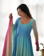 Evanik Sky Blue Pure Soft Georgette Padding Fabric Fully Flair Anarkali Pant With Dupatta Set