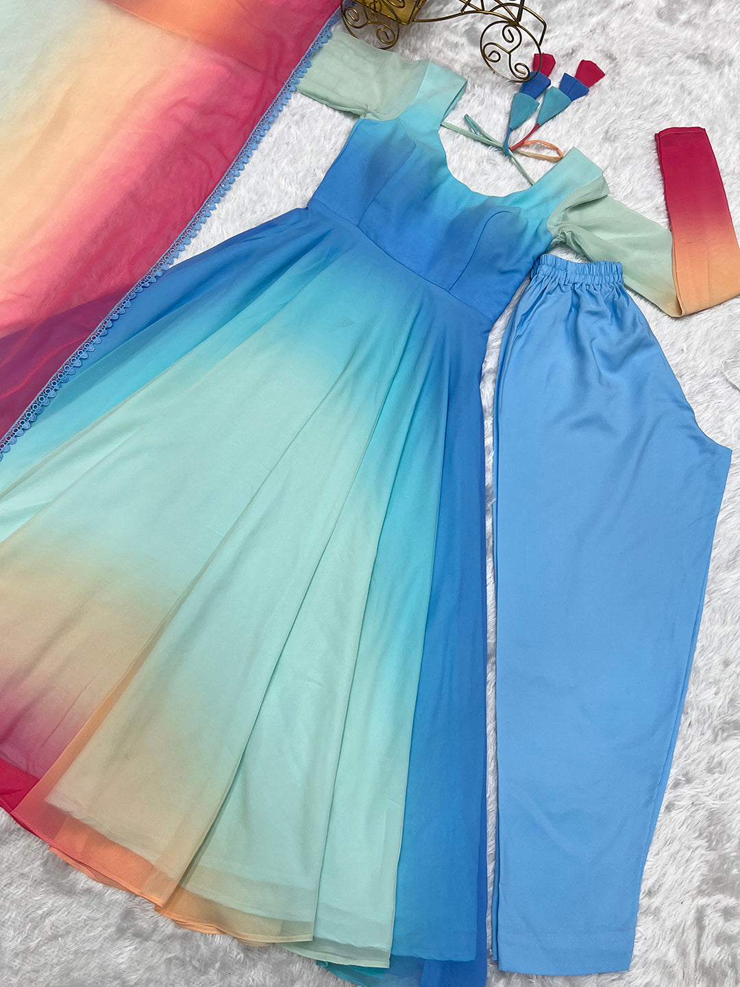 Evanik Sky Blue Pure Soft Georgette Padding Fabric Fully Flair Anarkali Pant With Dupatta Set