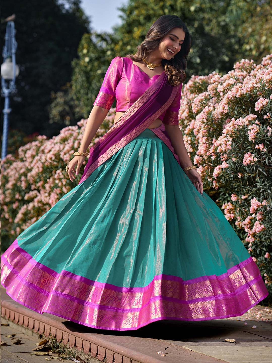 Evanik Women South-Style Kanchipuram Silk Stitched Lehenga With Unstitched Blouse & Dupatta - Distacart
