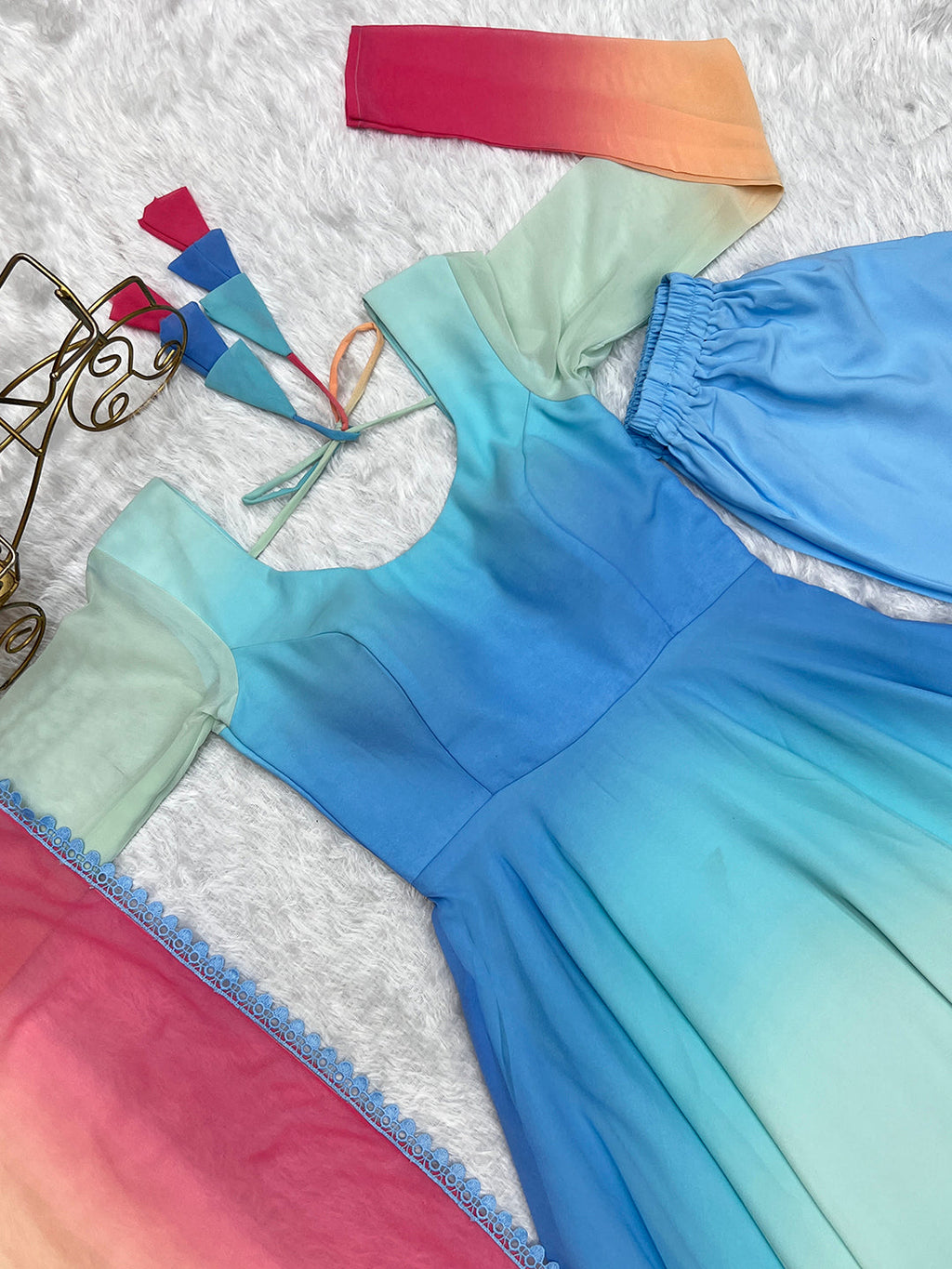 Evanik Sky Blue Pure Soft Georgette Padding Fabric Fully Flair Anarkali Pant With Dupatta Set