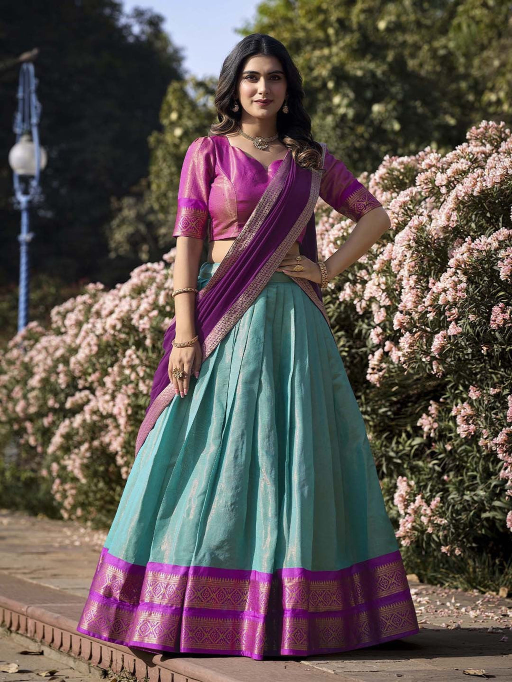 Evanik Women South-Style Kanchipuram Silk Stitched Lehenga With Unstitched Blouse & Dupatta - Distacart