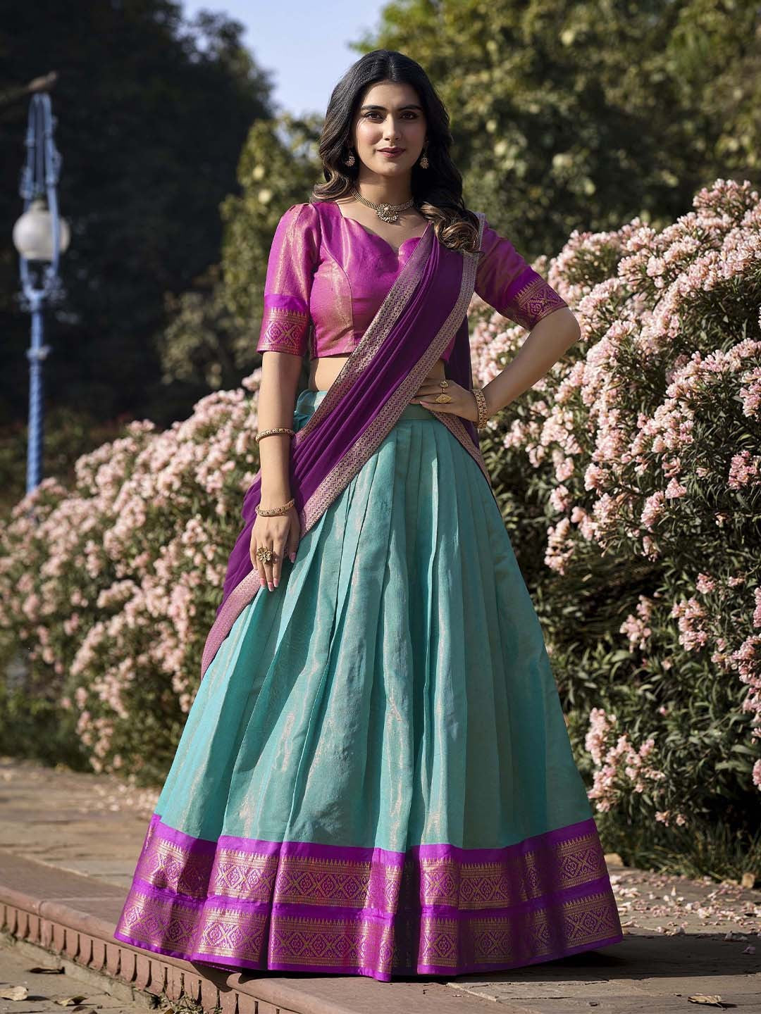 Evanik Women South-Style Kanchipuram Silk Stitched Lehenga With Unstitched Blouse & Dupatta - Distacart