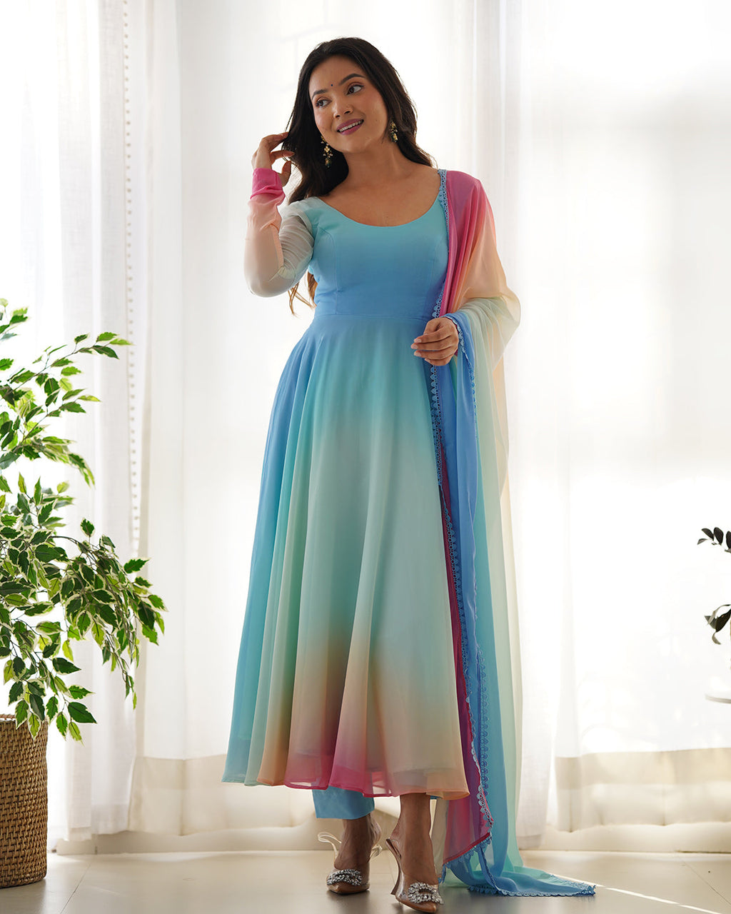 Evanik Sky Blue Pure Soft Georgette Padding Fabric Fully Flair Anarkali Pant With Dupatta Set