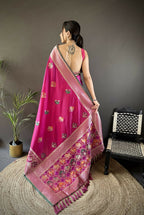 Joban Fashion Pink Elephant & Floral Motifs Soft Lichi Silk Banarasi Saree - Distacart