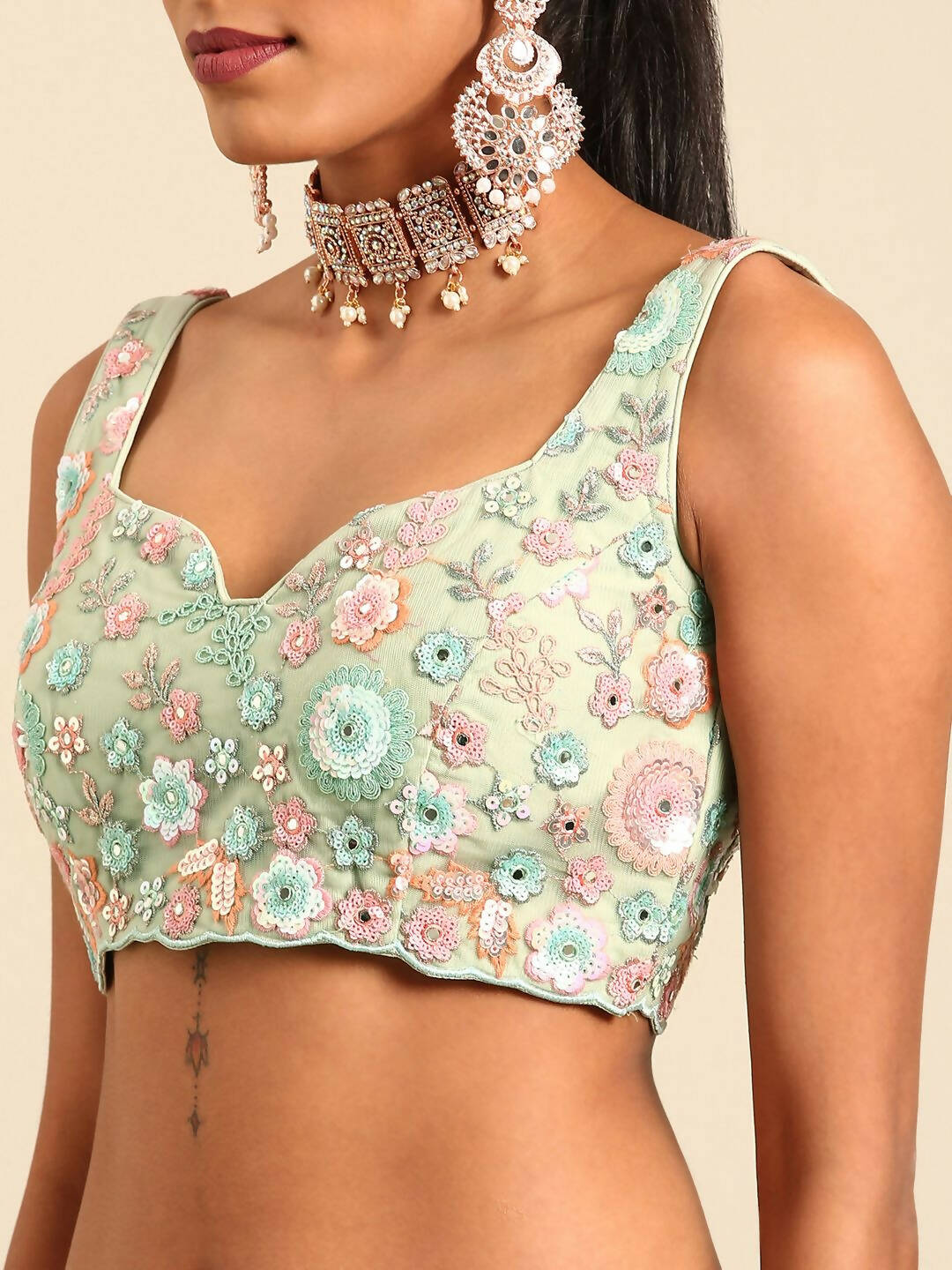 House of Panchhi Lime Green Net Sequins, Mirror and thread embroidery Lehenga choli & Dupatta