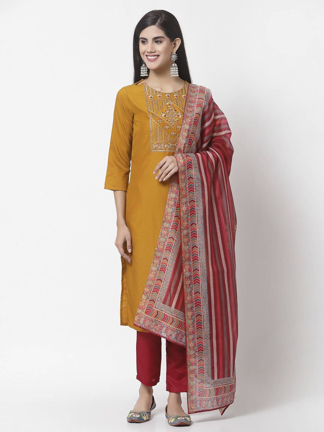 Myshka Women Mustard Viscose Embroidered 3/4 Sleeve Round Neck Kurta Pant Dupatta Set