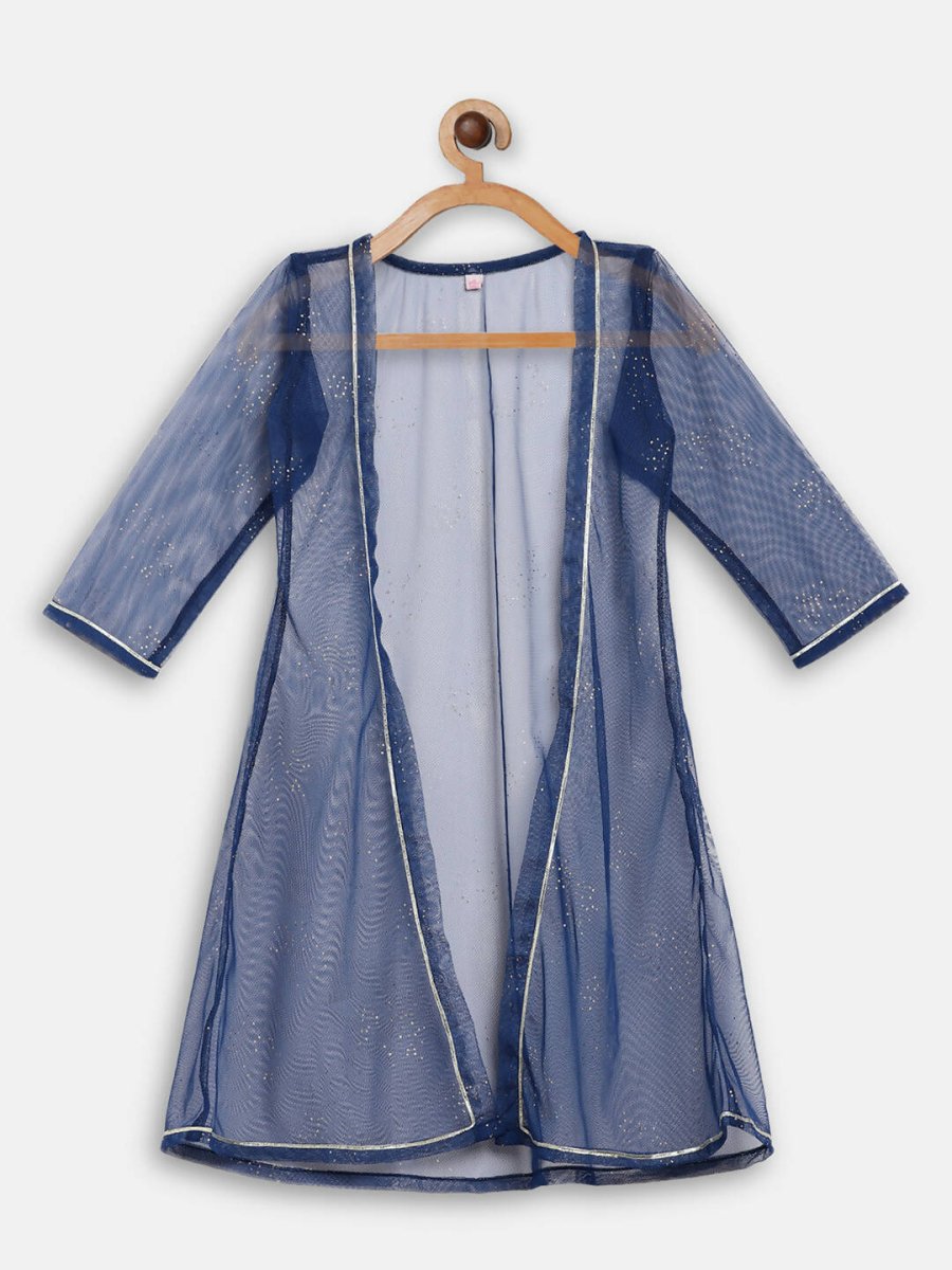 Ahalyaa Off White Cotton Printed Kids Top and Palazzo With Net Jacket For Girls