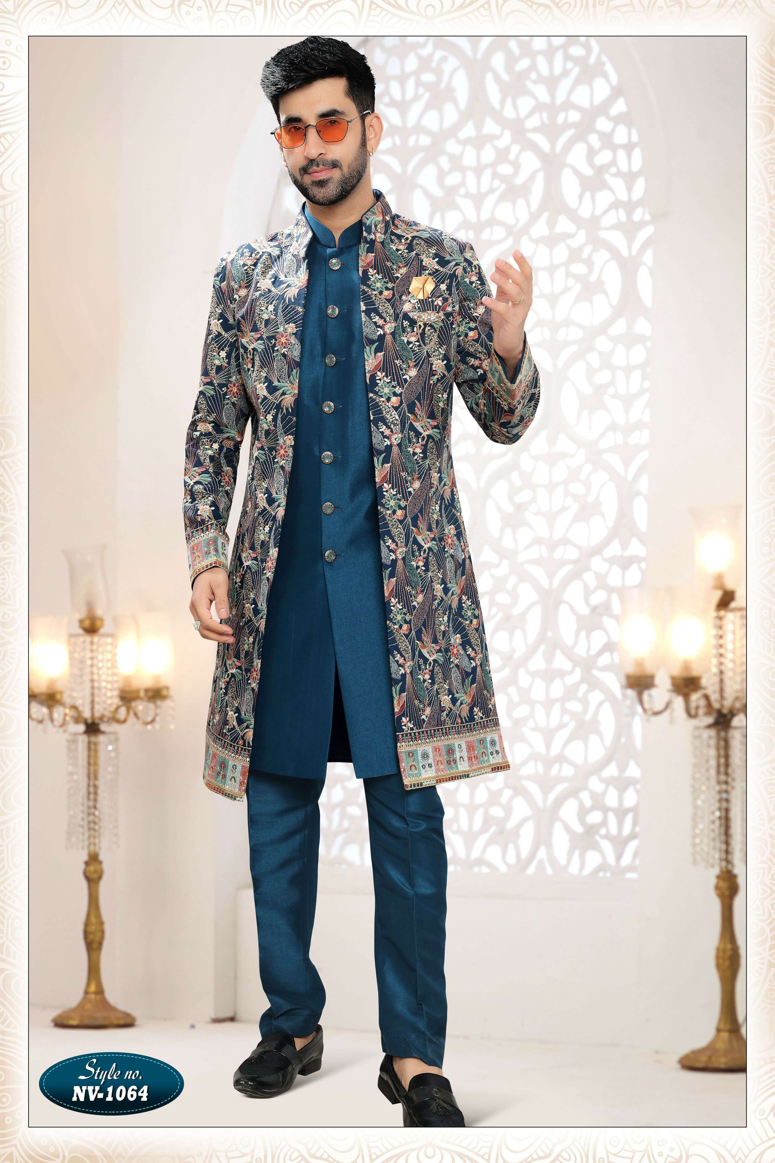 Joban Fashion Men's Blue Straight Silk Thread And Sequence Embroidery All Over 3 Pc Kurta Set