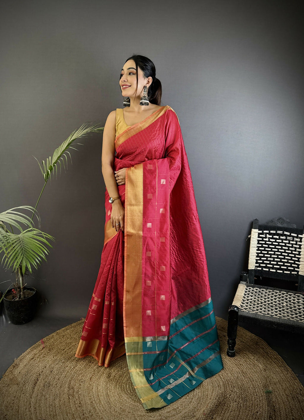 Joban Fashion Hot Pink Bhagalpuri Cotton Silk Stripes/Box Saree - Distacart