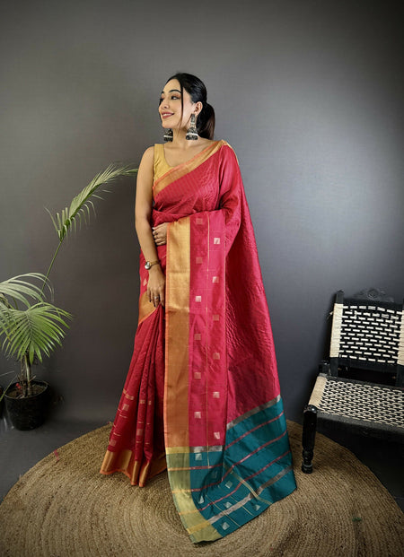 Joban Fashion Hot Pink Bhagalpuri Cotton Silk Stripes/Box Saree