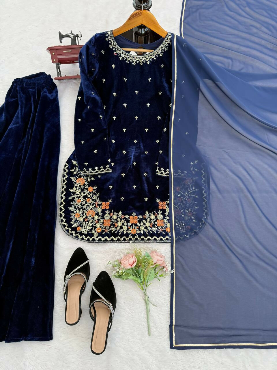 Vastranavya Blue Viscose Velvet Thread Sequence Work Kurta & Palazzo With Dupatta